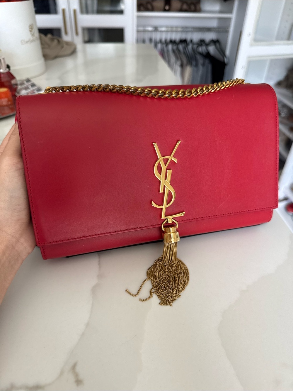 YSL Saint Laurent Medium Kate Red Leather Tassel Chain Crossbody Bag